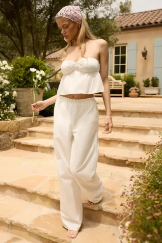Pantaloni a gamba larga in popeline di cotone Dalila, colore bianco