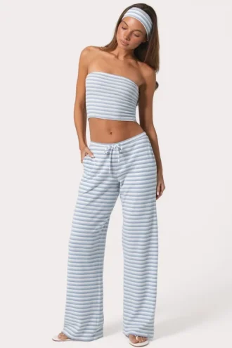 Pantaloni a vita bassa in jersey a costine a righe blu Pantaloni a vita bassa in jersey a costine a righe blu