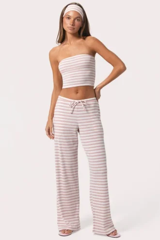 Pantaloni a vita bassa in jersey a costine a righe rosa