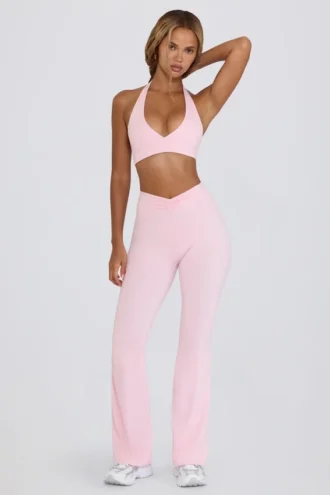 Pantaloni a zampa arricciati in jersey spazzolato rosa pallido melange Pantaloni a zampa arricciati in jersey spazzolato rosa pallido melange