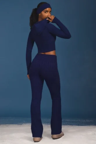 Pantaloni a zampa con risvolto in maglia a trecce blu navy