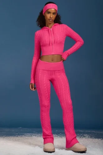 Pantaloni a zampa con risvolto in maglia a trecce rosa shocking
