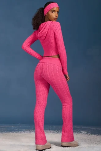 Pantaloni a zampa con risvolto in maglia a trecce rosa shocking