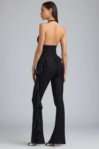Pantaloni a zampa con volant metallizzati Reese in nero