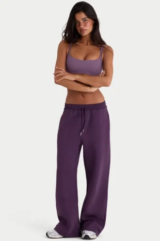 Pantaloni da jogging a gamba larga in jersey spazzolato color prugna