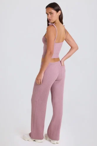 Pantaloni da jogging a gamba larga in maglia a costine color malva