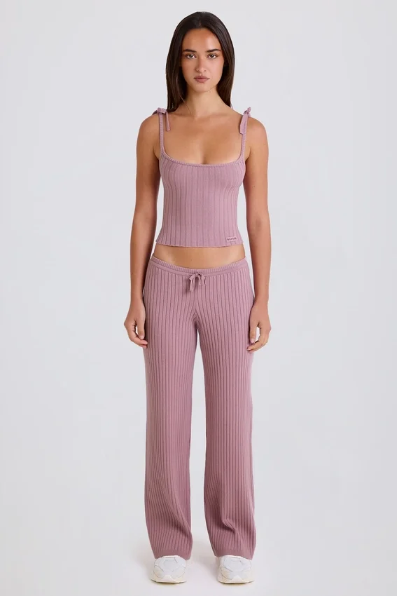 Pantaloni da jogging a gamba larga in maglia a costine color malva Pantaloni da jogging a gamba larga in maglia a costine color malva