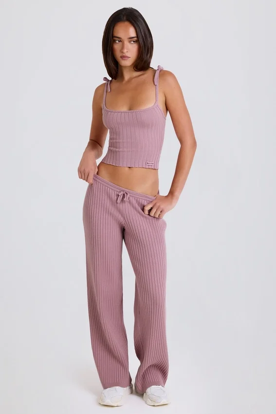Pantaloni da jogging a gamba larga in maglia a costine color malva Pantaloni da jogging a gamba larga in maglia a costine color malva