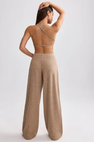 Pantaloni da jogging a gamba larga in spugna color marrone moka