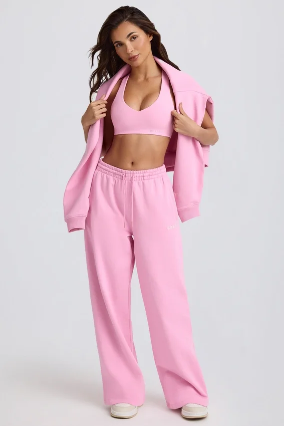 Pantaloni da jogging a vita media e gamba larga in morbido jersey di cotone, colore rosa confetto Pantaloni da jogging a vita media e gamba larga in morbido jersey di cotone, colore rosa confetto