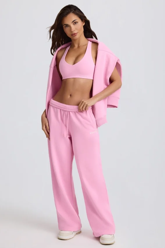 Pantaloni da jogging a vita media e gamba larga in morbido jersey di cotone, colore rosa confetto Pantaloni da jogging a vita media e gamba larga in morbido jersey di cotone, colore rosa confetto