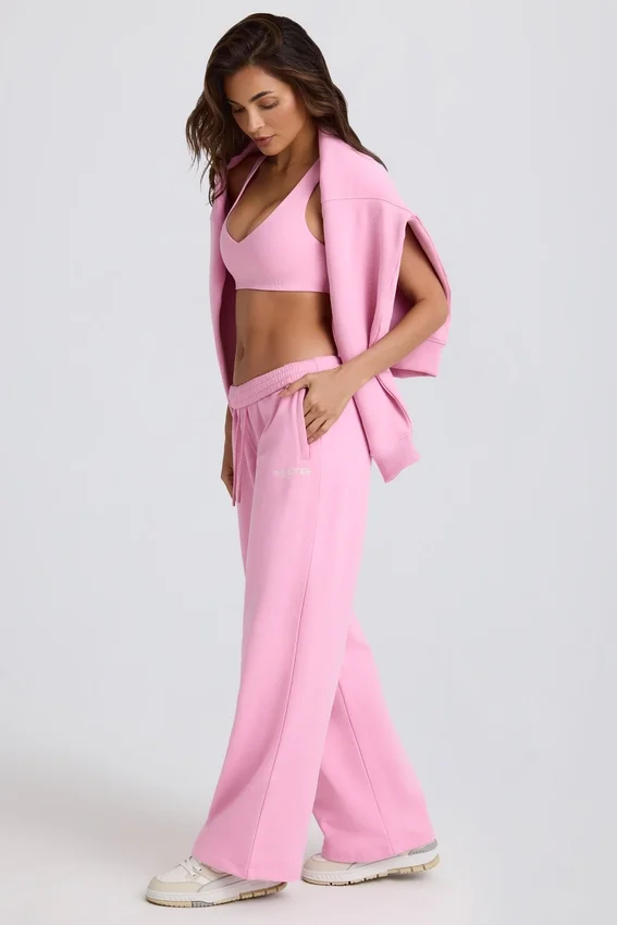Pantaloni da jogging a vita media e gamba larga in morbido jersey di cotone, colore rosa confetto Pantaloni da jogging a vita media e gamba larga in morbido jersey di cotone, colore rosa confetto