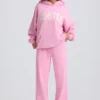 Pantaloni da jogging a vita media e gamba larga in morbido jersey di cotone, colore rosa confetto Pantaloni da jogging a vita media e gamba larga in morbido jersey di cotone, colore rosa confetto