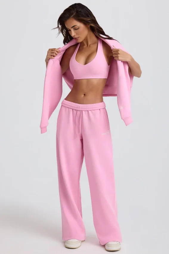 Pantaloni da jogging a vita media e gamba larga in morbido jersey di cotone, colore rosa confetto Pantaloni da jogging a vita media e gamba larga in morbido jersey di cotone, colore rosa confetto