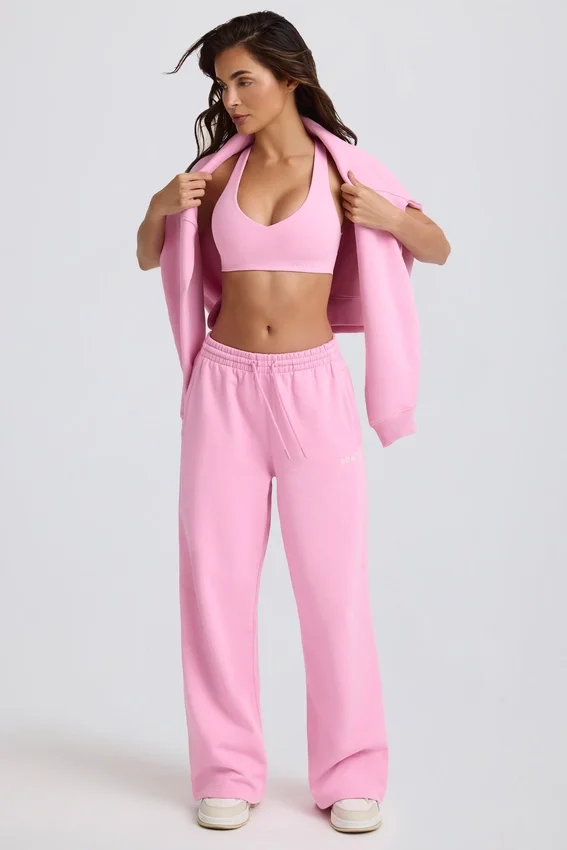 Pantaloni da jogging a vita media e gamba larga in morbido jersey di cotone, colore rosa confetto Pantaloni da jogging a vita media e gamba larga in morbido jersey di cotone, colore rosa confetto