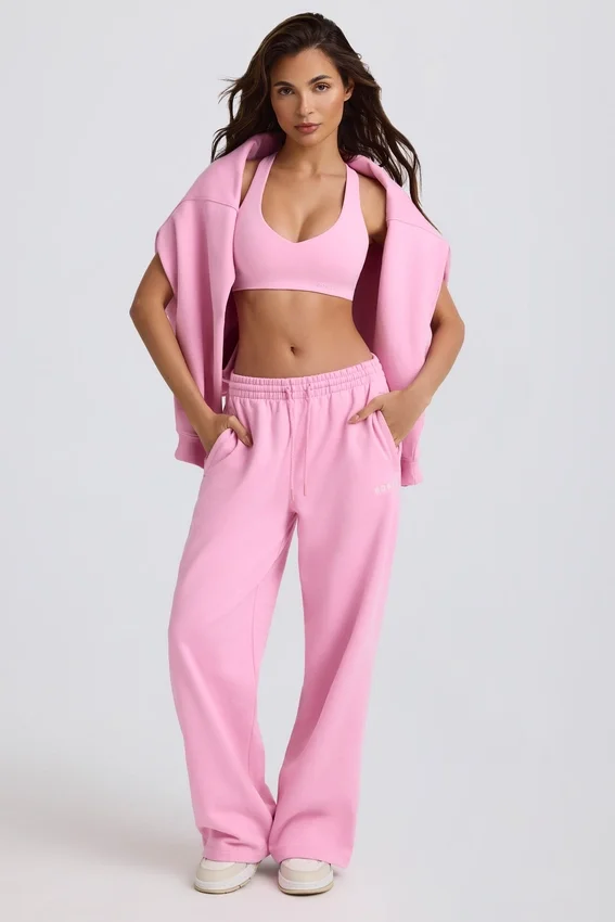 Pantaloni da jogging a vita media e gamba larga in morbido jersey di cotone, colore rosa confetto Pantaloni da jogging a vita media e gamba larga in morbido jersey di cotone, colore rosa confetto