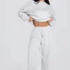 Pantaloni da jogging comodi a vita media in jersey di cotone spazzolato grigio melange Pantaloni da jogging comodi a vita media in jersey di cotone spazzolato grigio melange