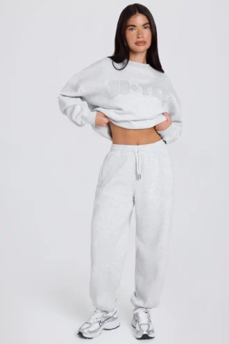 Pantaloni da jogging comodi a vita media in jersey di cotone spazzolato grigio melange Pantaloni da jogging comodi a vita media in jersey di cotone spazzolato grigio melange