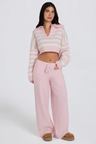 Pantaloni da jogging in maglia a vita media e gamba larga in rosa tenue