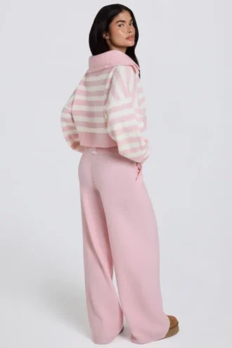 Pantaloni da jogging in maglia a vita media e gamba larga in rosa tenue
