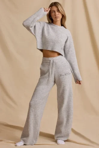 Pantaloni jogger a vita media e gamba larga in maglia a coste color ghiaccio melange