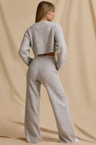 Pantaloni jogger a vita media e gamba larga in maglia a coste color ghiaccio melange