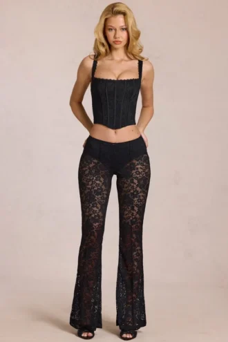 Pantaloni svasati a vita media in pizzo trasparente Calista, colore nero