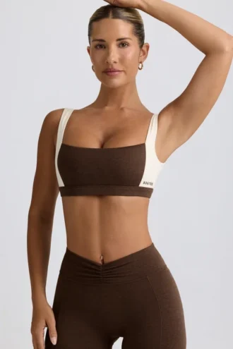 Reggiseno sportivo a contrasto in melange color noce