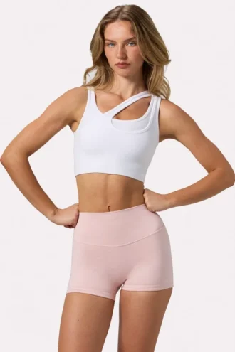 Reggiseno sportivo asimmetrico senza cuciture in morbida maglia a costine, bianco
