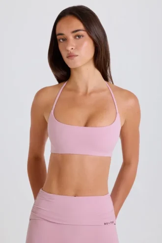 Reggiseno sportivo con scollo rotondo e lacci sul collo in malva