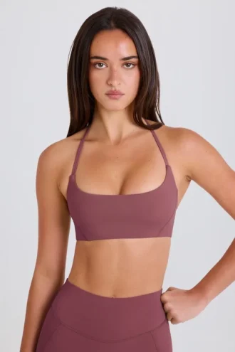 Reggiseno sportivo con scollo rotondo e scollo all’americana in tessuto elasticizzato in quattro direzioni, colore Acai