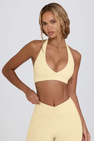 Reggiseno sportivo in jersey spazzolato con scollo a V in misto limone
