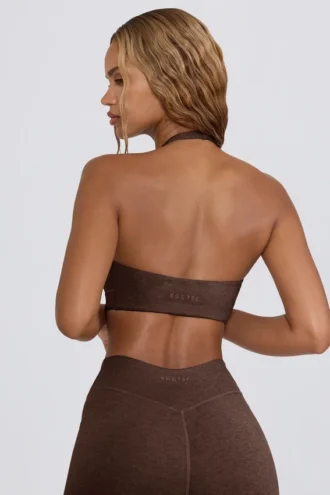 Reggiseno sportivo in jersey spazzolato con scollo a V in Pecan Marl