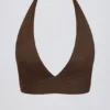 Reggiseno sportivo in jersey spazzolato con scollo a V in Pecan Marl Reggiseno sportivo in jersey spazzolato con scollo a V in Pecan Marl