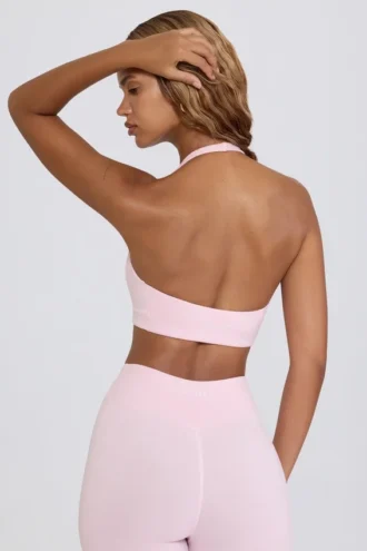 Reggiseno sportivo in jersey spazzolato con scollo a V in rosa pallido melange