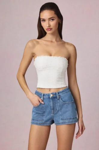 Shorts a vita alta e linea ad A Beata in lavaggio blu medio
