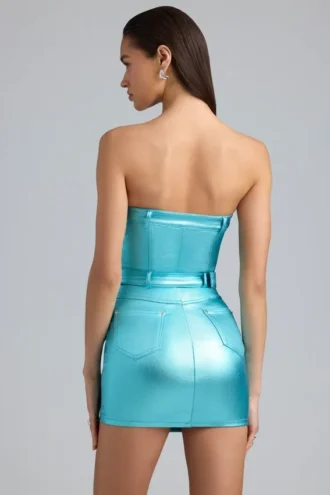 Simone Vestito corto senza spalline in denim metallizzato con cintura in color acquamarina