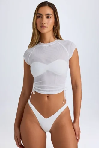 T-shirt corta trasparente con arricciature Santana in bianco