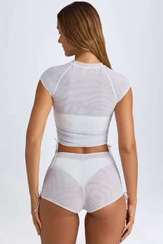 T-shirt corta trasparente con arricciature Santana in bianco