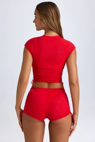 T-shirt corta trasparente con ruches Santana in rosso fuoco