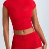 T-shirt corta trasparente con ruches Santana in rosso fuoco T-shirt corta trasparente con ruches Santana in rosso fuoco