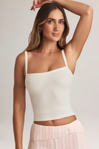 Top a canotta con scollo quadrato in modal Lai, bianco