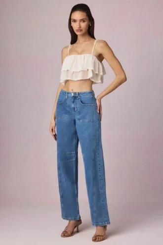 Jeans a vita media e gamba a campana Bobbi in lavaggio blu medio