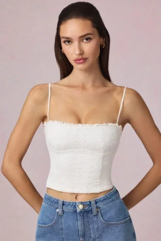 Top a canotta Hania in modal con ricamo inglese, bianco