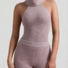 Top a collo alto senza schienale in maglia a coste Sakari, color taupe