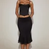 Top a corsetto con collo a cappuccio e allacciatura in raso Eirwen, nero