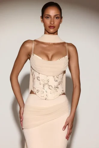 Top a corsetto con lacci e decorazioni Junelle con sciarpa in oro