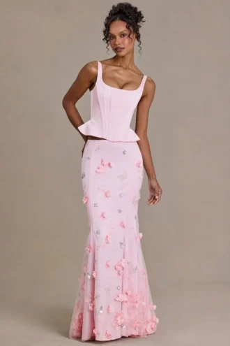 Top a corsetto con lacci in raso premium Elvira in rosa confetto