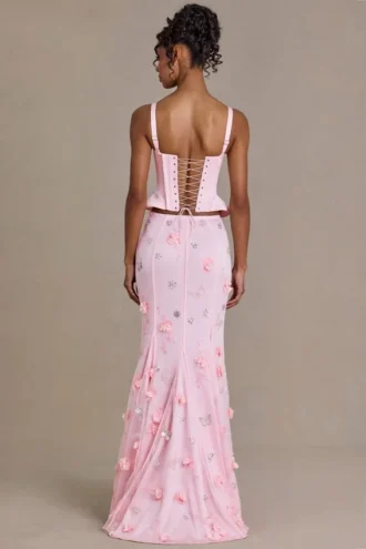 Top a corsetto con lacci in raso premium Elvira in rosa confetto