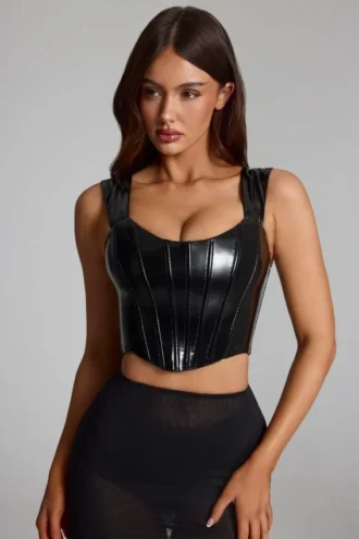 Top a corsetto con lacci in vinile Lamiya, nero